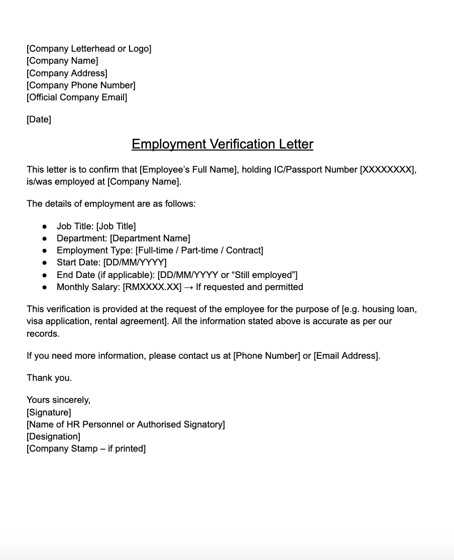 General employment verification letter