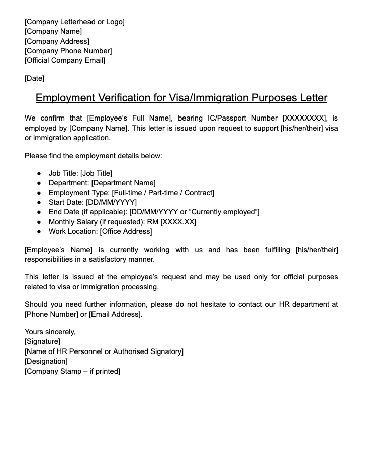 Letter for visa or immigration applications