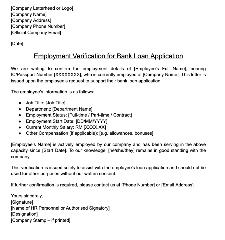 Letter for bank loan support