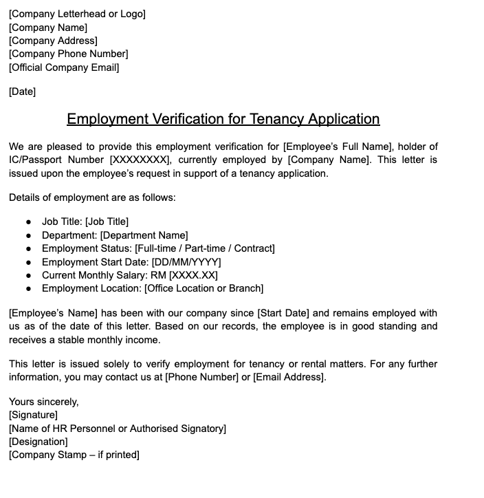 Letter for tenancy or rental agreements